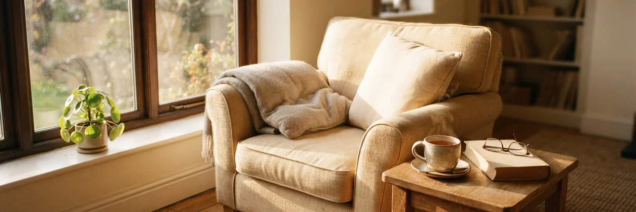 An empty cream armchair by a bright window with a folded blanket, a cup of tea, glasses and a book on the side table.