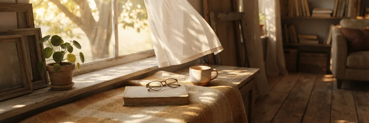 A window seat with a woven blanket, a closed book with reading glasses on top, a ceramic mug, and a sheer curtain lifting in the breeze.