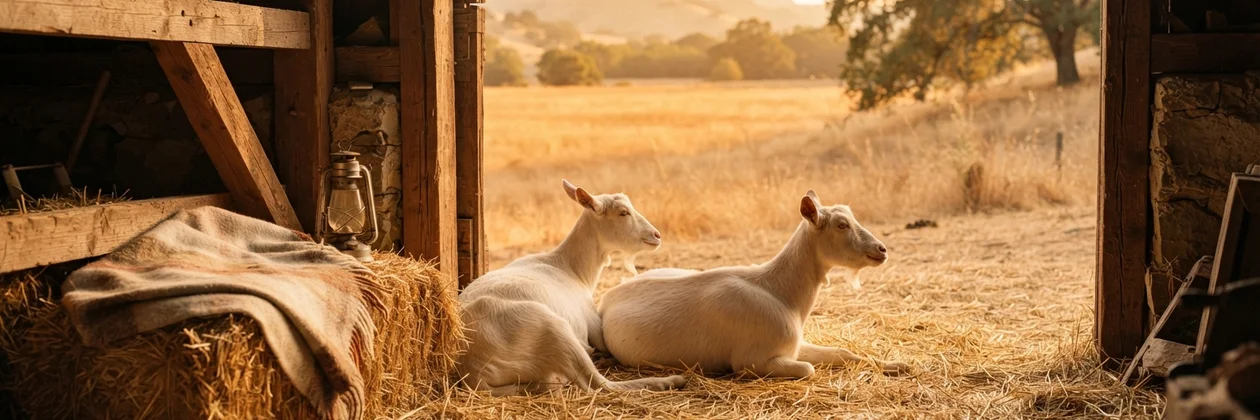 Two white goats lying side by side on straw at the open door of a barn, looking out over a golden field.