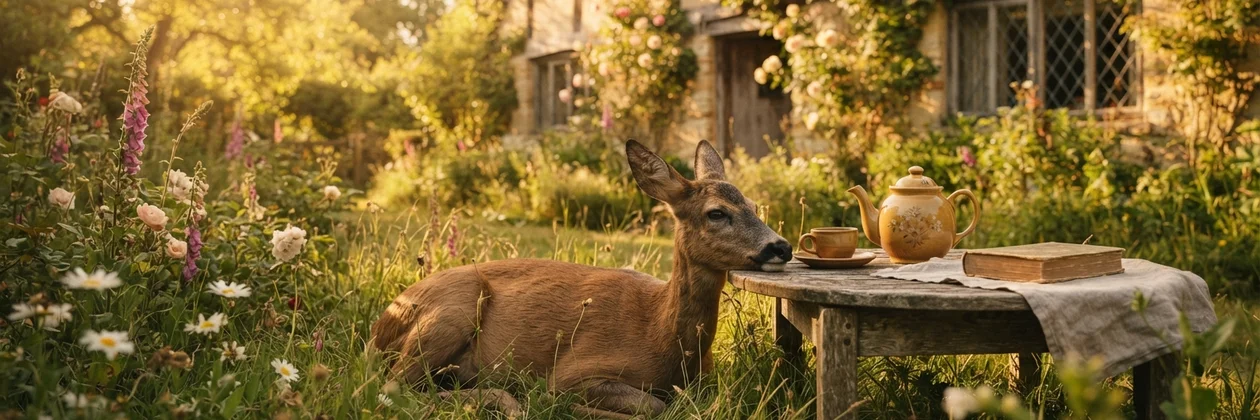 A deer rests in tall grass beside a small table with a teapot, a cup and a book, in front of a cottage garden.