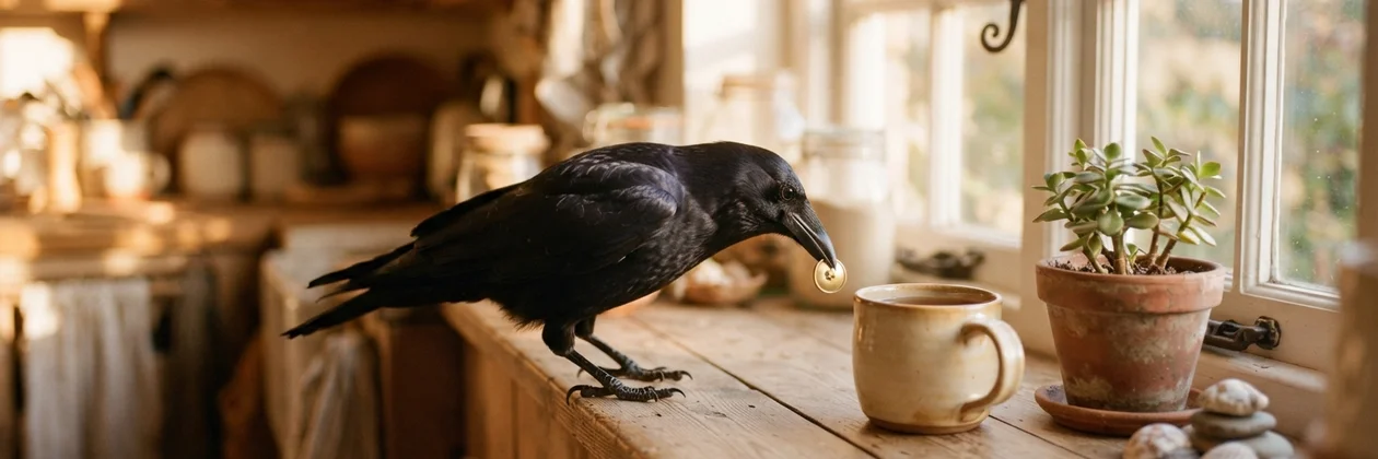 A black crow on a wooden kitchen counter holding a small coin in its beak, beside a mug and a potted succulent by a sunlit window.