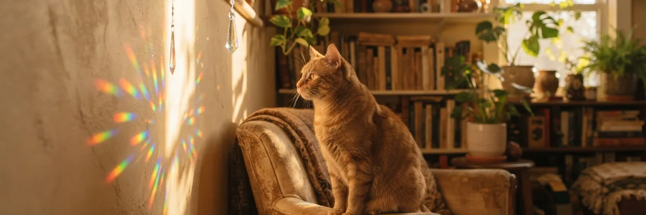 A ginger cat perched on an armchair, looking toward a wall covered in small rainbow patches of light from a hanging crystal, with bookshelves and plants around