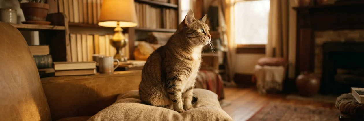A tabby cat sitting upright on a cushion in a warm living room, looking toward a window, with bookshelves and a brass lamp behind it.