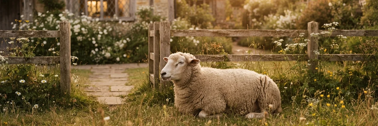 A sheep resting on the grass beside a wooden fence and a stone path in a quiet cottage garden.