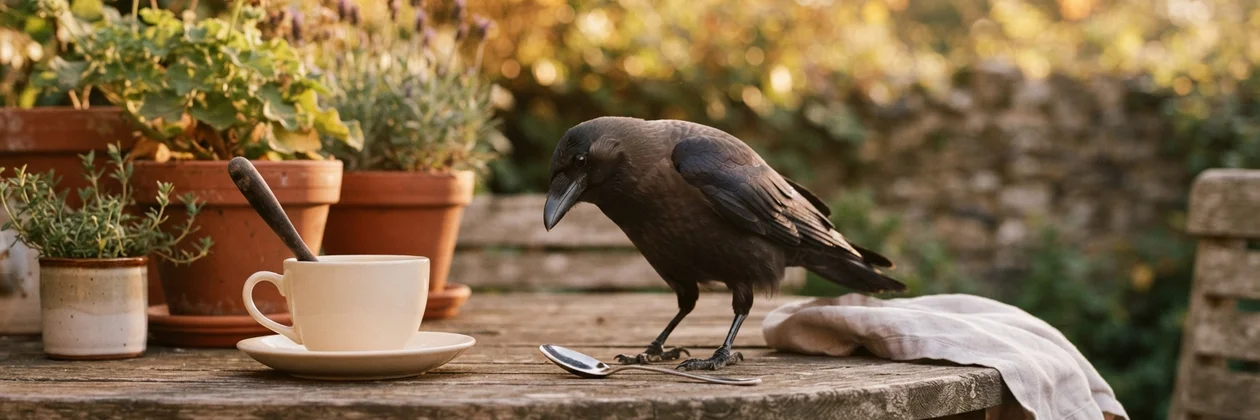 A crow bending toward a spoon on a garden table, beside a cream teacup on a saucer, terracotta plant pots and a folded linen cloth.