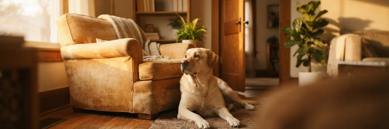 A pale Labrador lying on a rug beside a beige armchair in a sunlit room, looking toward an open doorway.