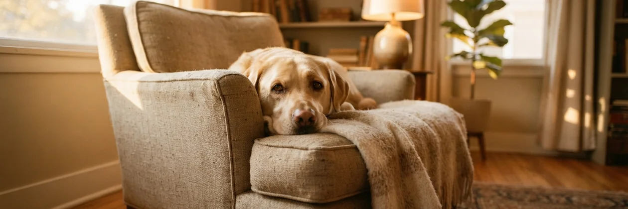A pale Labrador resting its chin on the arm of a linen armchair, with a knitted blanket over the seat and sunlit curtains behind.