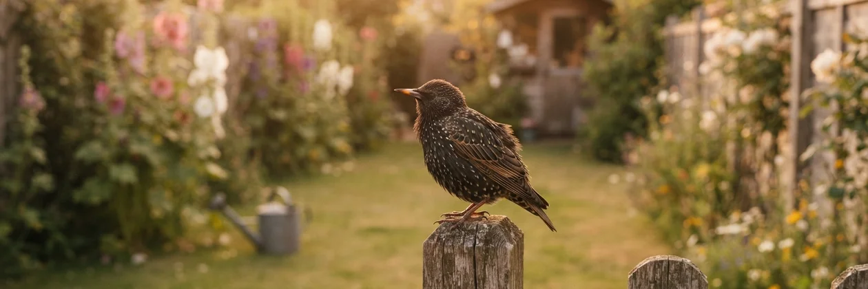A single starling perched on a weathered fence post in a soft garden, with a watering can and flowers blurred behind it in warm evening light.