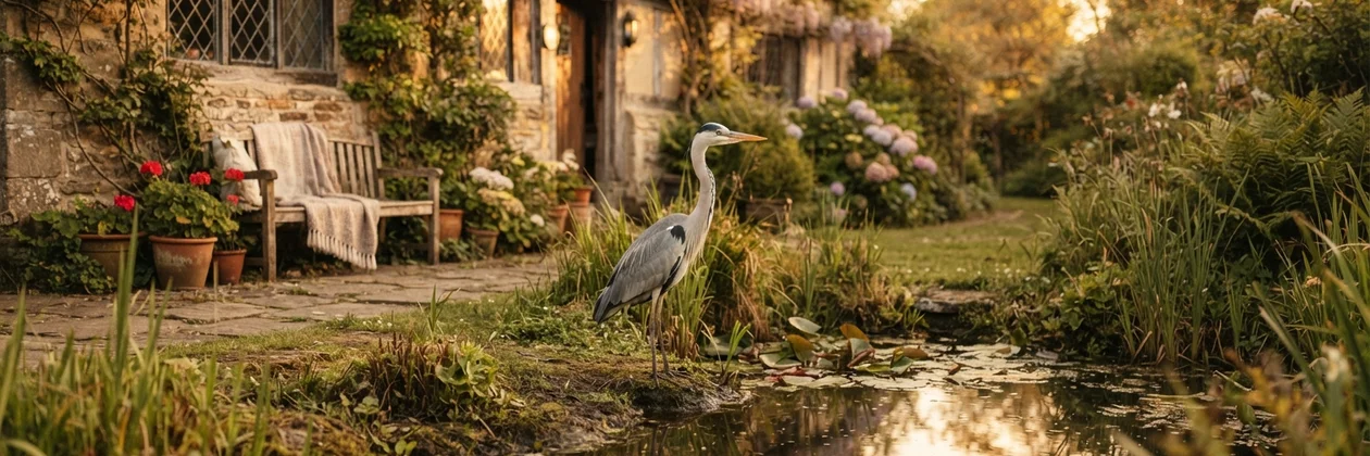A grey heron standing at the edge of a garden pond beside a stone cottage, with a bench, flowers and reeds in the evening light.
