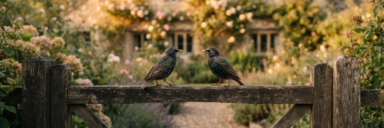 Two starlings side by side on a wooden garden gate, with a stone cottage and blooming roses softly blurred in the background.