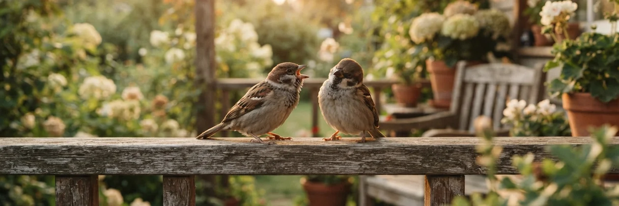 Two sparrows facing each other on a weathered wooden railing, one with its beak open, with blooming garden flowers blurred behind.